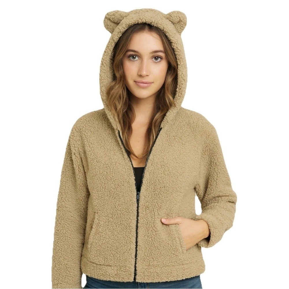 Dances & Marvel Sherpa Teddy Bear Hood Jacket Beige Tan Fuzzy Zip Women’s Medium